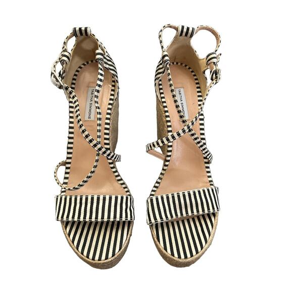 Tabitha Simmons Black and Beige Striped Espadrille Wedge Sandals Size 40 US 9 - Picture 2 of 11